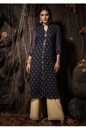 Blue Color Designer Georgette Straight Cut Kurti